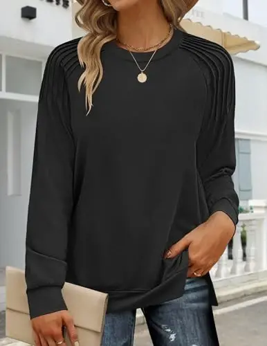 Zeagoo Fall Tops for Women 2025 Long Sleeve Shirts Casual Cotton Blouses Dressy Casual Pleated Tunics Sweartshirts - 1