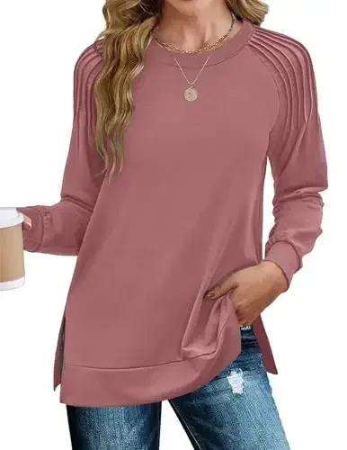Zeagoo Tunic Tops for Women 2025 Spring Long Sleeve Shirts Dressy Casual Crewneck Pleated Cute Tops Side Split Sweatshirts 