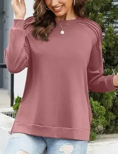 Zeagoo Tunic Tops for Women 2025 Spring Long Sleeve Shirts Dressy Casual Crewneck Pleated Cute Tops Side Split Sweatshirts - 5