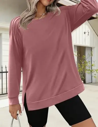 Zeagoo Tunic Tops for Women 2025 Spring Long Sleeve Shirts Dressy Casual Crewneck Pleated Cute Tops Side Split Sweatshirts - 3