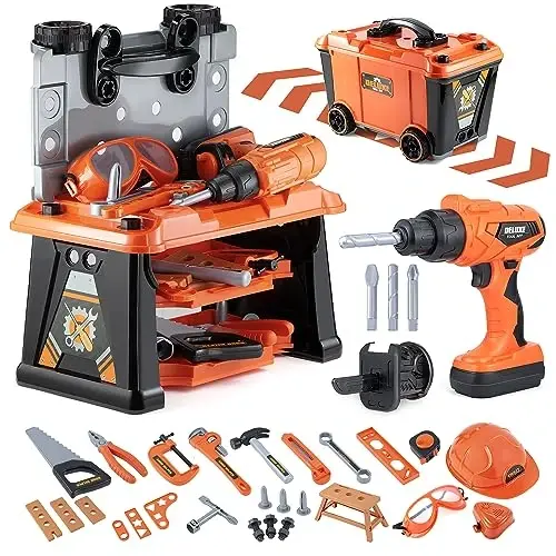 ZEALOUS TOYS Kids Tool Bench-Zealous 79pcs Transformable Set, Toddler Workbench Toy with Electric Drill, Pretend Construction Playset for Boys Girls Age 3+, Orange & Black, HB3222-3 
