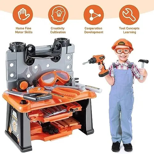 ZEALOUS TOYS Kids Tool Bench-Zealous 79pcs Transformable Set, Toddler Workbench Toy with Electric Drill, Pretend Construction Playset for Boys Girls Age 3+, Orange & Black, HB3222-3 - 2