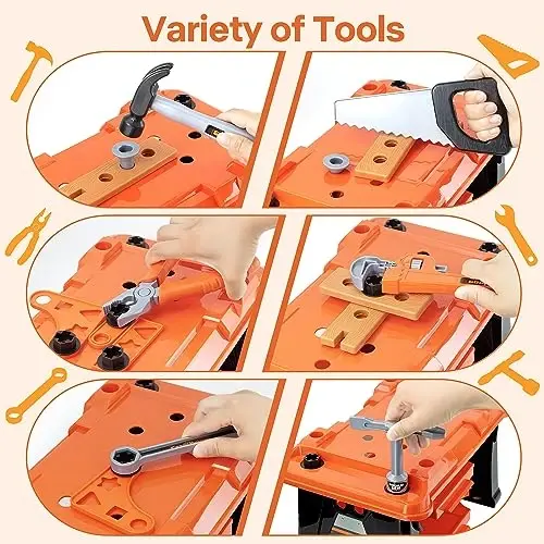 ZEALOUS TOYS Kids Tool Bench-Zealous 79pcs Transformable Set, Toddler Workbench Toy with Electric Drill, Pretend Construction Playset for Boys Girls Age 3+, Orange & Black, HB3222-3 - 5