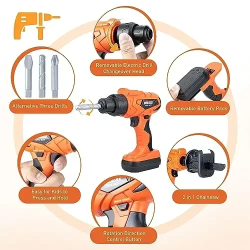 ZEALOUS TOYS Kids Tool Bench-Zealous 79pcs Transformable Set, Toddler Workbench Toy with Electric Drill, Pretend Construction Playset for Boys Girls Age 3+, Orange & Black, HB3222-3 - 4