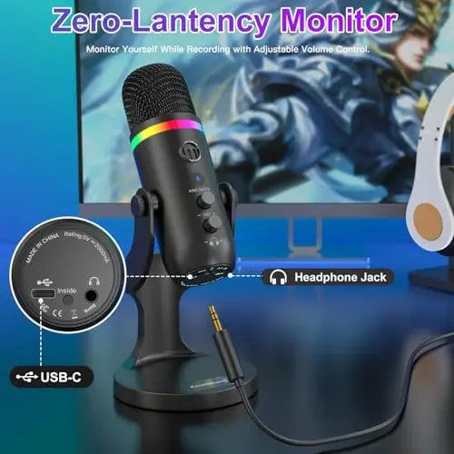 ZealSound Kompyuter uchun podkast mikrofoni, RGB yoritgichli, ovozni o'chirish va kuchaytirishni boshqarish moslamali USB shovqinni kamaytiruvchi mik., Mac, iPhone, iPad, kompyuter, striming, yozib olish uchun nol kechikish bilan monitoring K66 Pro - 5