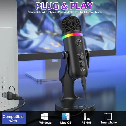 ZealSound Podcast Microphone for PC, USB Noise Cancelling Mic with RGB Lighting, Mute & Gain Control, Zero-Latency Monitoring for Mac, iPhone, iPad, Computer, Streaming, Recording, Podcasting K66 Pro - 2