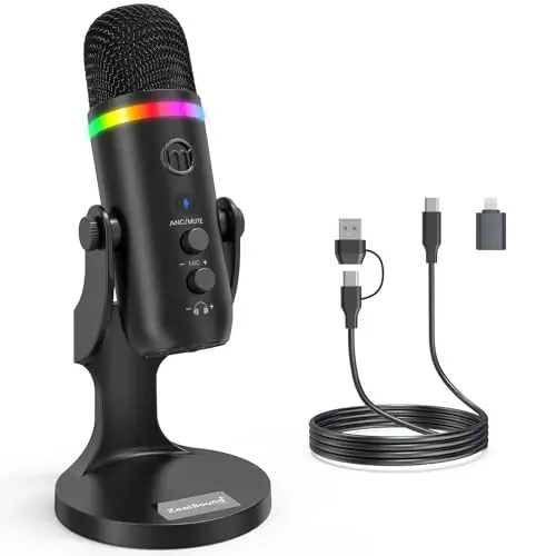 ZealSound Podcast Microphone for PC, USB Noise Cancelling Mic with RGB Lighting, Mute & Gain Control, Zero-Latency Monitoring for Mac, iPhone, iPad, Computer, Streaming, Recording, Podcasting K66 Pro - ZEALSOUND