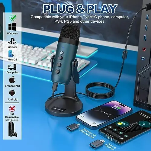 ZealSound USB Condenser Microphone,Computer PC Gaming Mic,Plug&Play Microphones for PS 4&5.Monitor Adjust&Volume Control,Mic Gain Control,Mute Button for TikTok,YouTube Podcast on Mac&Windows(Teal) - 2