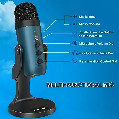 ZealSound USB Condenser Microphone,Computer PC Gaming Mic,Plug&Play Microphones for PS 4&5.Monitor Adjust&Volume Control,Mic Gain Control,Mute Button for TikTok,YouTube Podcast on Mac&Windows(Teal) - 5