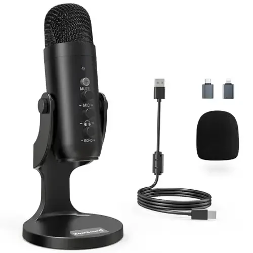 ZealSound USB Microphone, Condenser Computer PC Mic, Plug&Play Gaming Microphones for PS 4&5. Headphone Output&Volume Control, Mic Gain Control, Mute Button Vocal, YouTube Podcast on Mac&Windows (Black) - Modazone