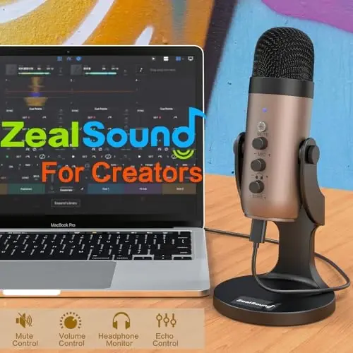 ZealSound USB Microphone,Condenser Computer PC Mic,Plug&Play Gaming Microphones for PS 4&5.Headphone Output&Volume Control,Mic Gain Control,Mute Button for Vocal,YouTube Podcast on Mac&Windows(Gold) - 5
