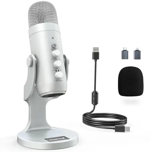 ZealSound USB Microphone,Condenser Computer PC Mic,Plug&Play Gaming Microphones for PS 4&5.Headphone Output&Volume Control,Mic Gain Control,Mute Button Vocal,YouTube Podcast on Mac&Windows(Silver) - ZEALSOUND