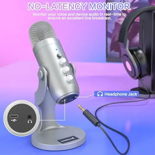 ZealSound USB Microphone,Condenser Computer PC Mic,Plug&Play Gaming Microphones for PS 4&5.Headphone Output&Volume Control,Mic Gain Control,Mute Button Vocal,YouTube Podcast on Mac&Windows(Silver) - 3