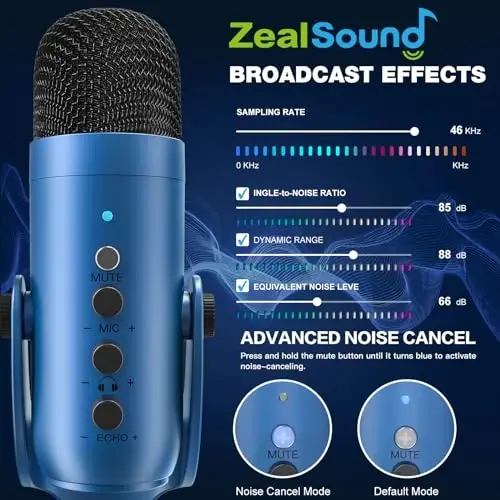 ZealSound USB Microphone,Condenser Gaming Mic for Phone/Laptop/PC/PS4/5/Computer,Microphone with Gain Knob,LED Mute,Monitor Volume Adjustment,Stand Base for Streaming, Podcast, Studio Recording (Blue) - 3