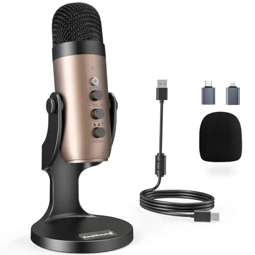 ZealSound USB mikrofon, kondensator kompyuter PC mikrofon, PS 4&5 uchun Plug&Play oʻyin mikrofonlari. Eshitish vositasi chiqishi va ovoz balandligini nazorat qilish, mikrofon daromadini nazorat qilish, vokal, YouTube podkasti uchun Mac&Windows-da oʻchirish tugmasi (oltin) 