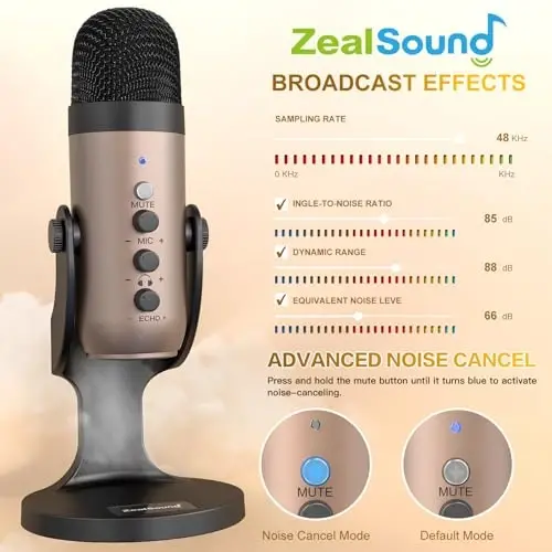 ZealSound USB mikrofon, kondensator kompyuter PC mikrofon, PS 4&5 uchun Plug&Play oʻyin mikrofonlari. Eshitish vositasi chiqishi va ovoz balandligini nazorat qilish, mikrofon daromadini nazorat qilish, vokal, YouTube podkasti uchun Mac&Windows-da oʻchirish tugmasi (oltin) - 3