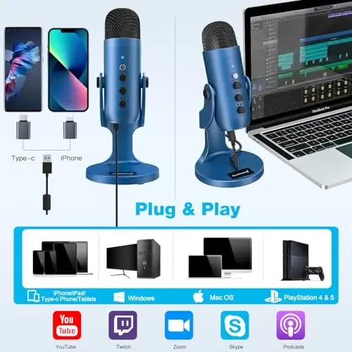 ZealSound USB микрофон, конденсаторный игровой микрофон для телефона/ноутбука/ПК/PS4/5/компьютера, микрофон с ручкой усиления, светодиодным отключением звука, регулировкой громкости монитора, подставкой для потоковой передачи, подкастов, студийной записи (синий) - 2