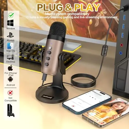 ZealSound USB Microphone,Condenser Computer PC Mic,Plug&Play Gaming Microphones for PS 4&5.Headphone Output&Volume Control,Mic Gain Control,Mute Button for Vocal,YouTube Podcast on Mac&Windows(Gold) - 2