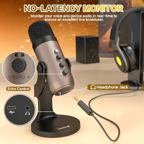 ZealSound USB Microphone,Condenser Computer PC Mic,Plug&Play Gaming Microphones for PS 4&5.Headphone Output&Volume Control,Mic Gain Control,Mute Button for Vocal,YouTube Podcast on Mac&Windows(Gold) - 4
