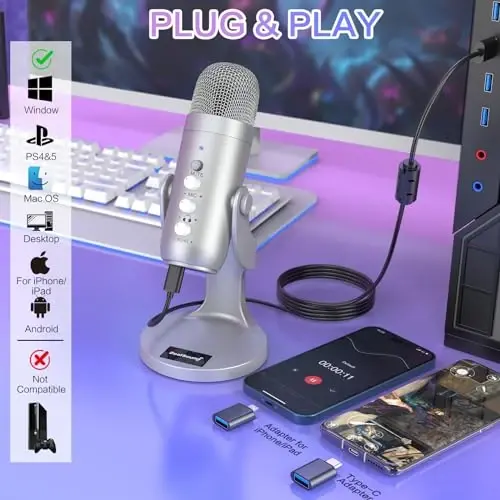 ZealSound USB Microphone,Condenser Computer PC Mic,Plug&Play Gaming Microphones for PS 4&5.Headphone Output&Volume Control,Mic Gain Control,Mute Button Vocal,YouTube Podcast on Mac&Windows(Silver) - 2