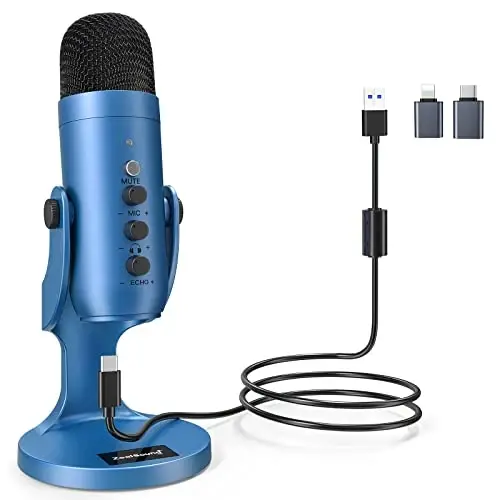 ZealSound USB Microphone,Condenser Gaming Mic for Phone/Laptop/PC/PS4/5/Computer,Microphone with Gain Knob,LED Mute,Monitor Volume Adjustment,Stand Base for Streaming, Podcast, Studio Recording (Blue) 