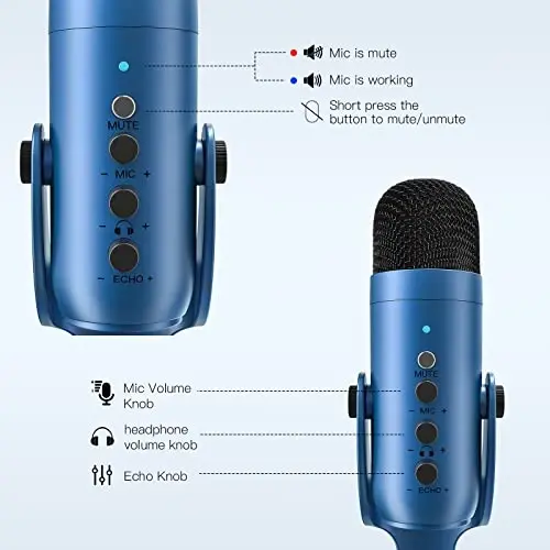 ZealSound Podcast Microphone for PC, Noise Cancellation USB Mic with Gain, Volume Adjustment & Mute Button, Monitoring & Echo, for YouTube, TikTok, Podcasting, Streaming, iPhone, iPad, Android(Blue) - 5