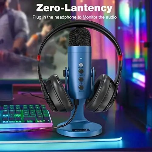 ZealSound USB mikrofon, telefon/noutbuk/kompyuter/PS4/5 uchun kondensatorli oʻyin mikrofoni, kuchaytirish tugmasi, LED oʻchirish, ovoz balandligini sozlash monitori, striming, podkast, studiya yozuvi uchun stend bazasi (koʻk) - 4