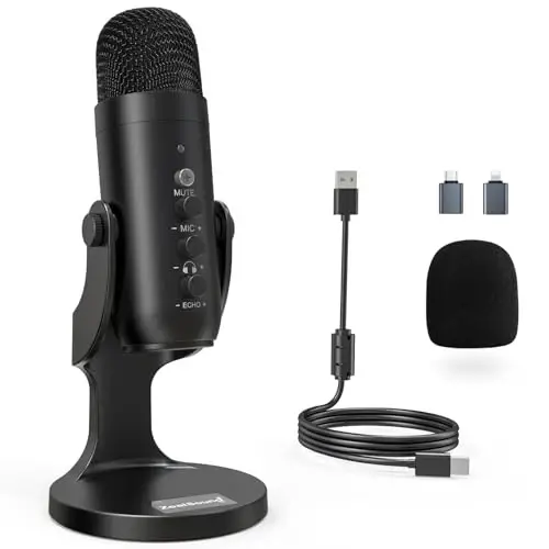 ZealSound USB Microphone,Condenser Computer PC Mic,Plug&Play Gaming Microphones for PS 4&5.Headphone Output&Volume Control,Mic Gain Control,Mute Button Vocal,YouTube Podcast on Mac&Windows(Black) - 1