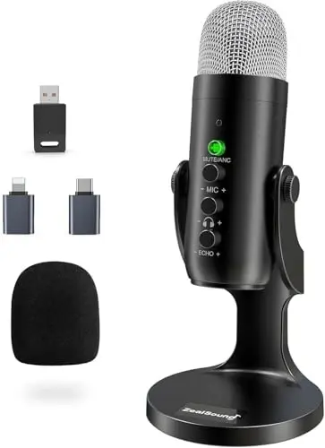 ZealSound Wireless Microphone for PC, Noise Cancellation Podcast Mic with Gain, Mute, Monitor & Echo Control, Cordless Mic for YouTube, ASMR, Podcasting, Streaming, iPhone, iPad, Android, Mac, K66DG 