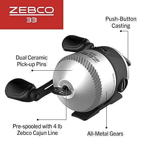 Zebco 33 Mikro Spincast Balıkçılık Makarası, Boyut 10 Makara, Değiştirilebilir Sağ veya Sol El Toplama, Dahili Isırık Uyarısı, 4 lb Zebco Cajun Misinayla Önceden Sarılı, Gümüş/Siyah - 4