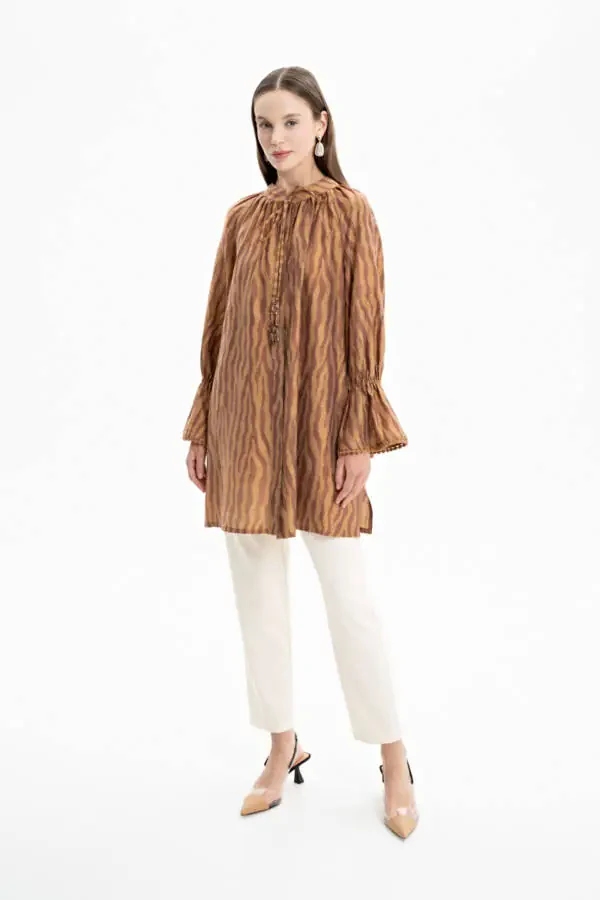 Zebra Desen Bağlamalı Tunik-Hardal - 2
