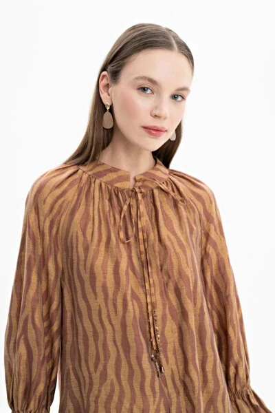Zebra Desen Bağlamalı Tunik-Hardal - 5