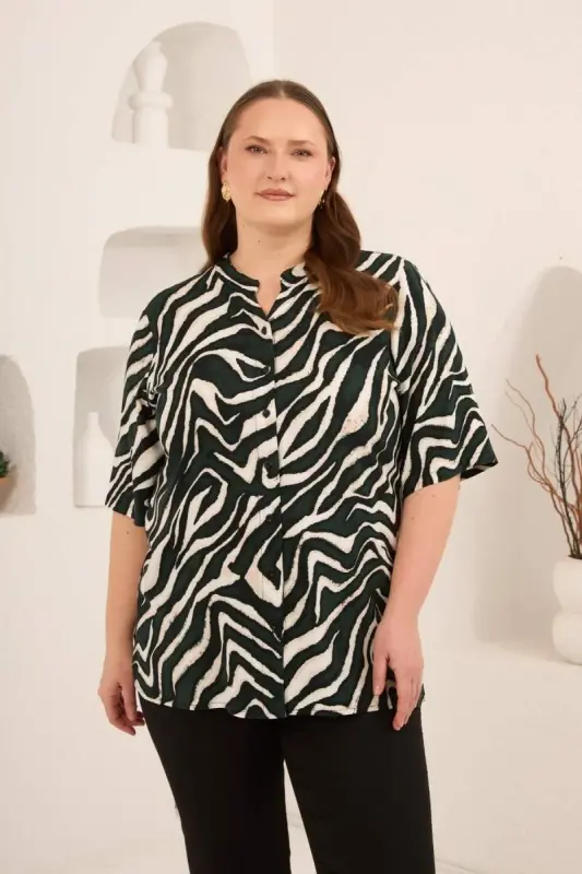 Zebra Desen Büyük Beden Viskon Gömlek Haki - 1
