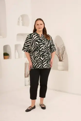 Zebra Desen Büyük Beden Viskon Gömlek Haki - 5