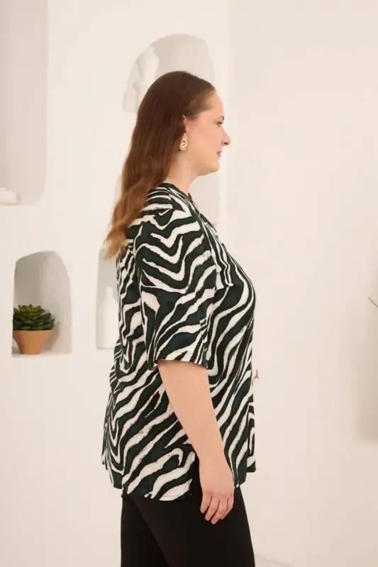 Zebra Desen Büyük Beden Viskon Gömlek Haki - 2