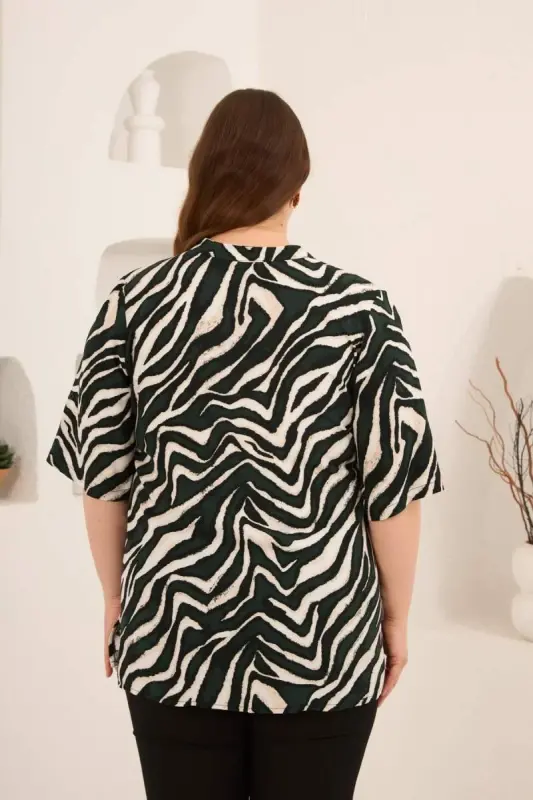 Zebra Desen Büyük Beden Viskon Gömlek Haki - 4