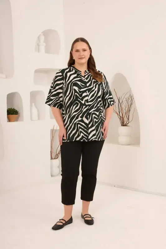 Zebra Desen Büyük Beden Viskon Gömlek Haki - 5