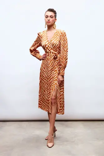 Zebra Desenli Kuşaklı Saten Elbise - Camel-CAMEL - 1