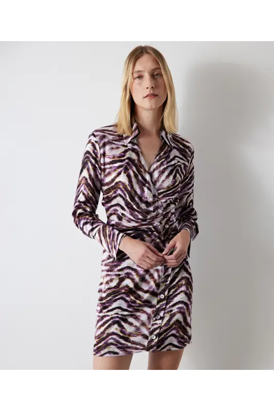 Zebra desen saten elbise - Mor - 5