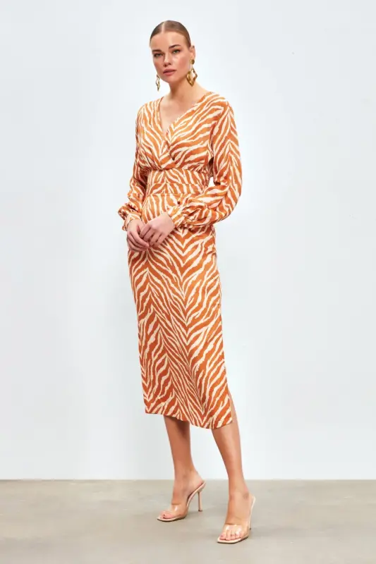 Zebra Desenli Saten Etek - Camel-CAMEL - 3