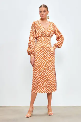 Zebra Desenli Saten Etek - Camel-CAMEL - 4