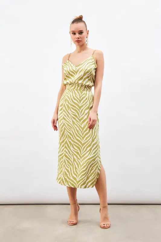 Zebra Desenli Saten Etek - Yağ Yeşili-YAĞ YEŞİLİ - 2