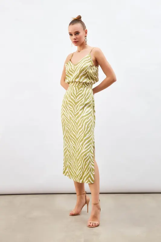 Zebra Desenli Saten Etek - Yağ Yeşili-YAĞ YEŞİLİ - 3