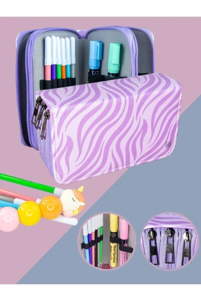 Zebra Pattern Lilac Vegan Leather Three Compartment Pencil Case (PENCIL CASE) - Modazone