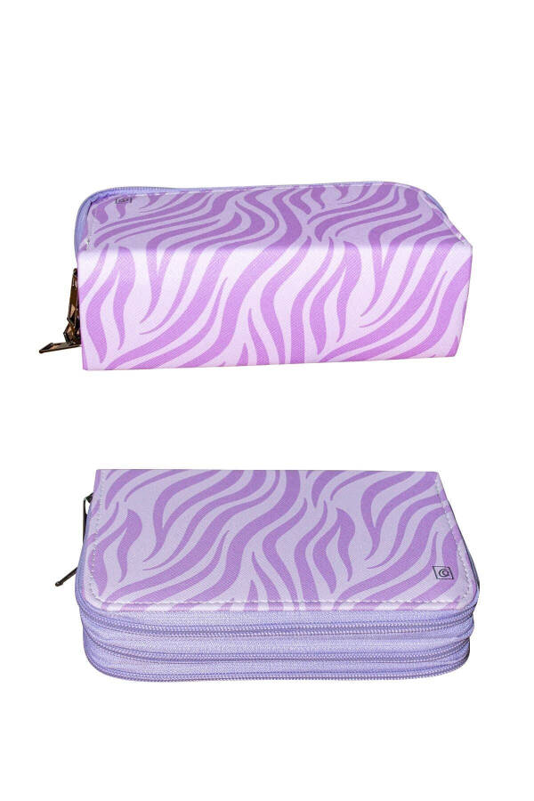 Zebra Pattern Lilac Vegan Leather Three Compartment Pencil Case (PENCIL CASE) - 8