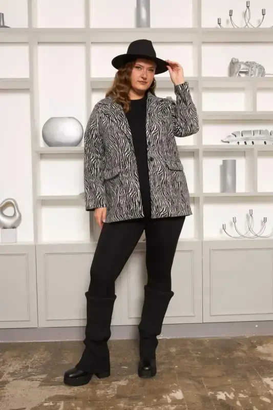 Зебра Полосатый Большой Размер Куртка Серый - 5