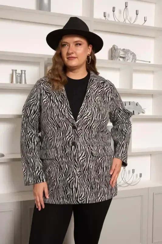 Zebra Print Plus Size Jacket Grey - BÜYÜKBEDENIZ