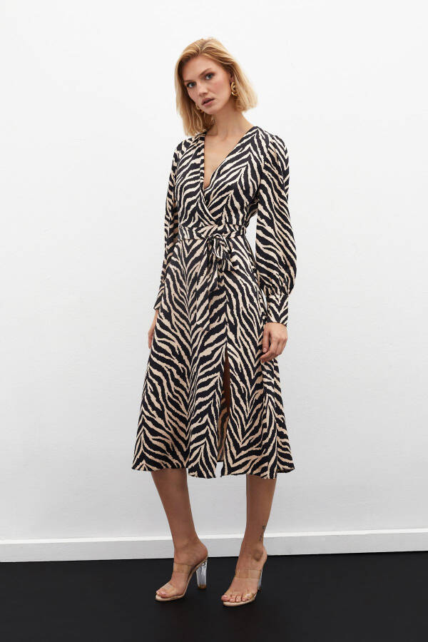 Zebra Print Sash Satin Dress - Black - 2