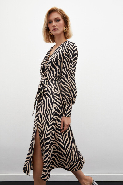 Zebra Print Sash Satin Dress - Black - 6