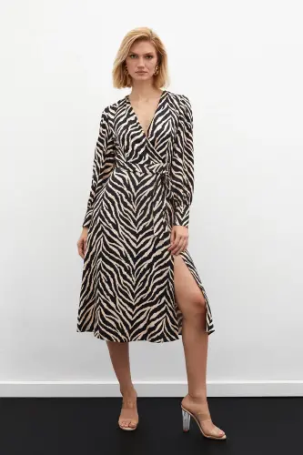 Zebra Print Sash Satin Dress - Black - 3